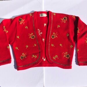 Y2K Red Embroidered Floral Cardigan Gold Trim Asian Inspired Romantic Knit M